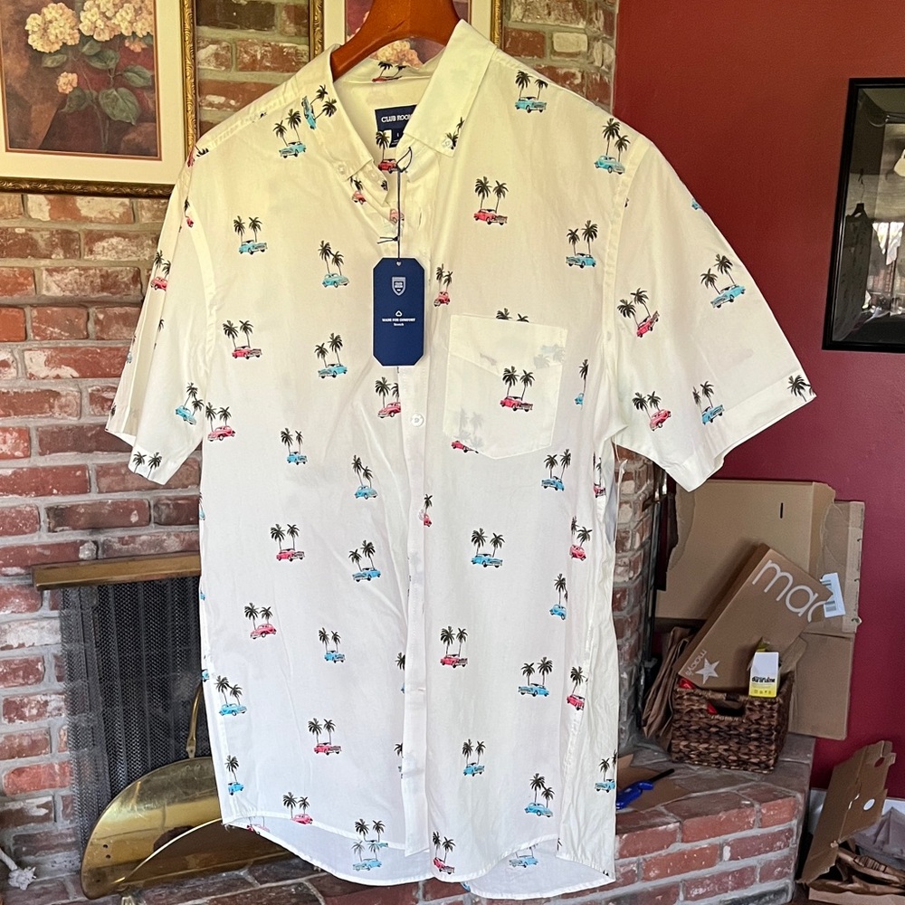 Club Room Men's White Shirt with Palm Tree and Car Print